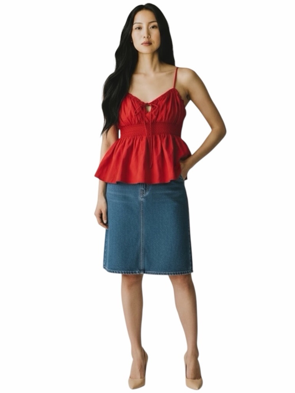 ASTR The Label Red Spaghetti Strap Cropped Peplum Tank size Medium